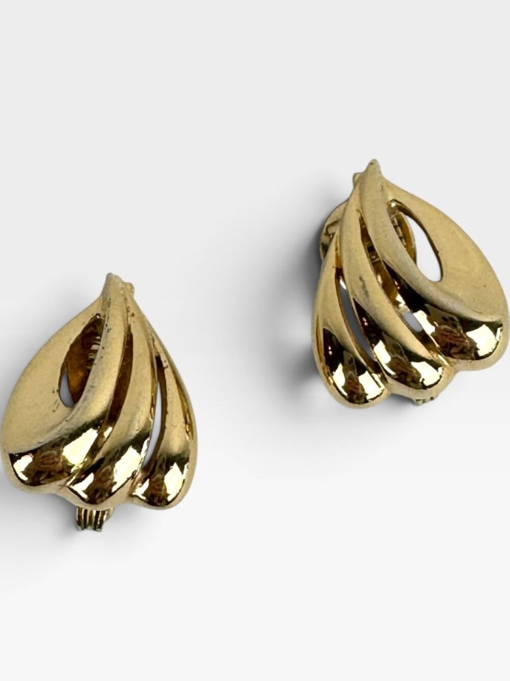 Vintage Monet Clip-On Earrings, Gold Tone, Art Deco, flame motif